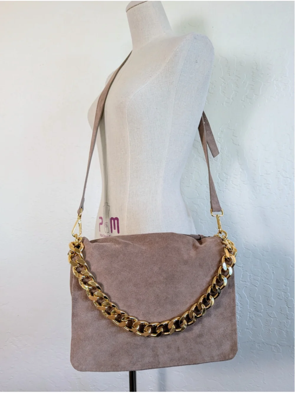 Viola Castellani Italian Suede Leather Chain Bag Taupe Slouchy Crossbody Purse